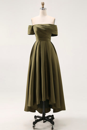 Off the Shoulder Ruched Olive Midi Mother of the Bride Dress